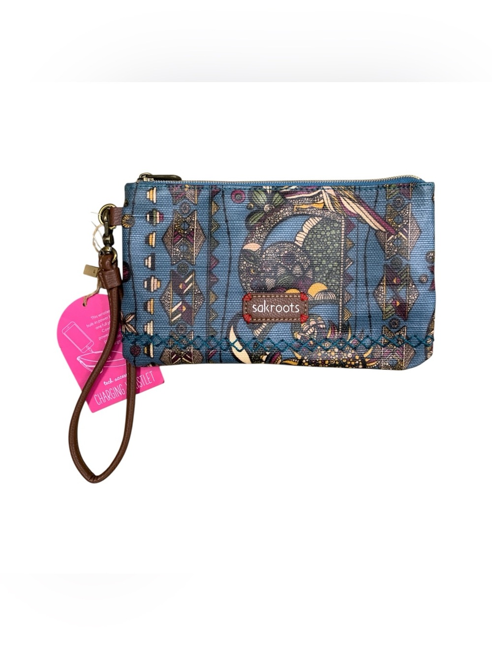 Sakroots NWT Blue Patterned Wristlet with Brown Strap